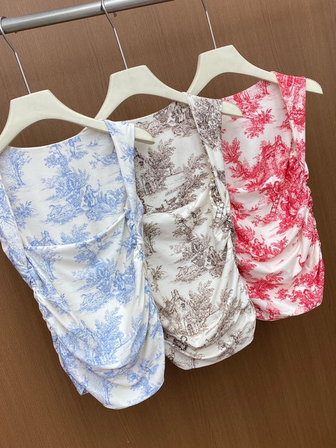 Women Casual Print Queen Anne Neckline Sleeveless Tops